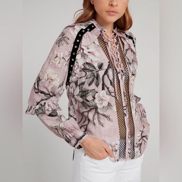 Just Cavalli Pink floral Long Sleeve Blouse with lace and ruffles NWT42